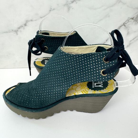 Fly London Womens Perforated Peep Toe Wedge Size 36 / 5.5-6 Suede Leather Blue - Picture 3 of 10
